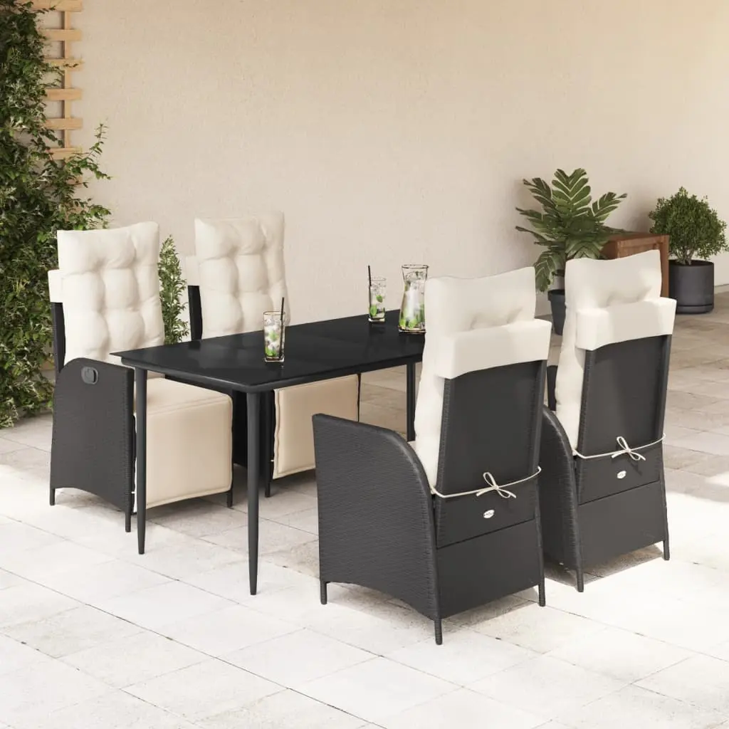 Set da Pranzo da Giardino 5 pz Nero con Cuscini in Polyrattan