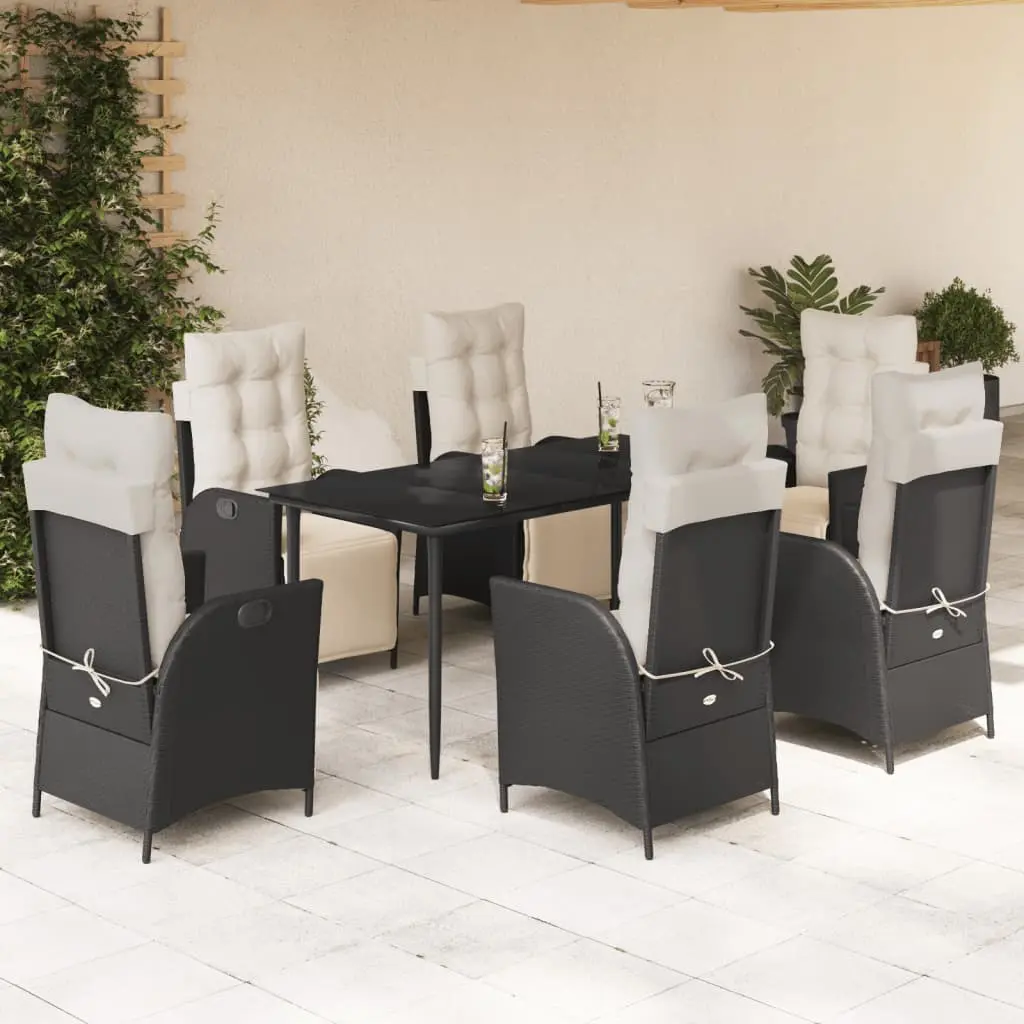 Set da Pranzo da Giardino 7 pz Nero con Cuscini in Polyrattan