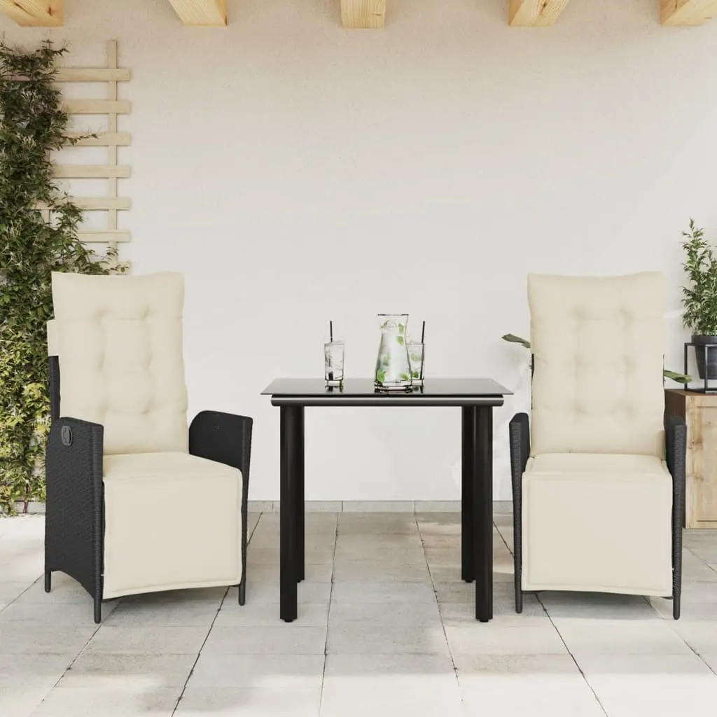 Set da Pranzo da Giardino 3 pz con Cuscini Nero in Polyrattan