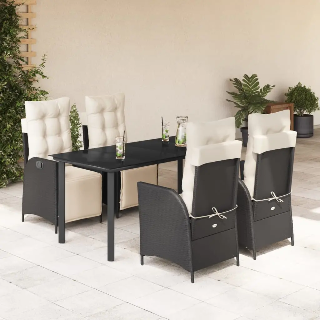 Set da Pranzo da Giardino 5 pz Nero con Cuscini in Polyrattan