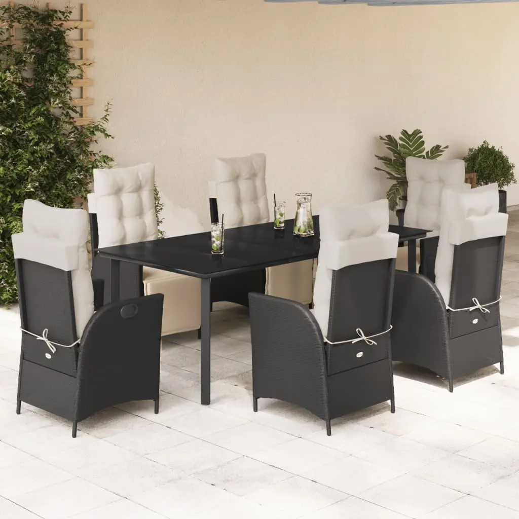 Set da Pranzo da Giardino 7 pz Nero con Cuscini in Polyrattan