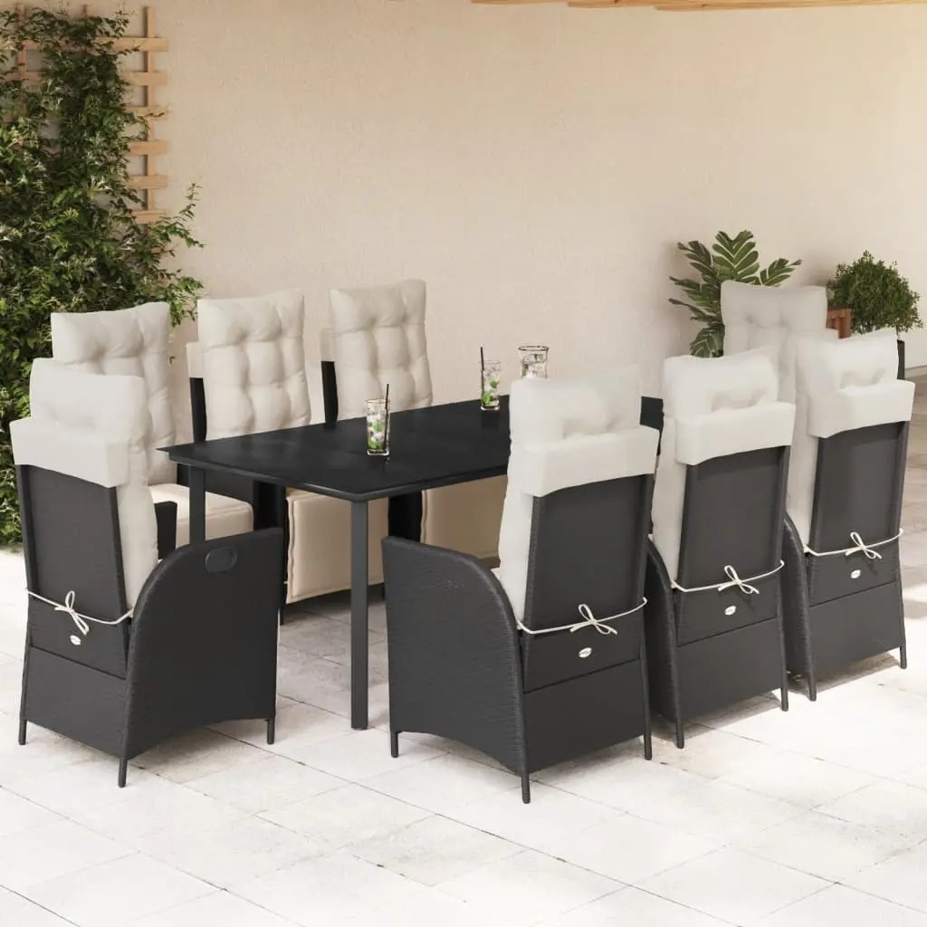 Set da Pranzo da Giardino 9 pz con Cuscini Nero in Polyrattan