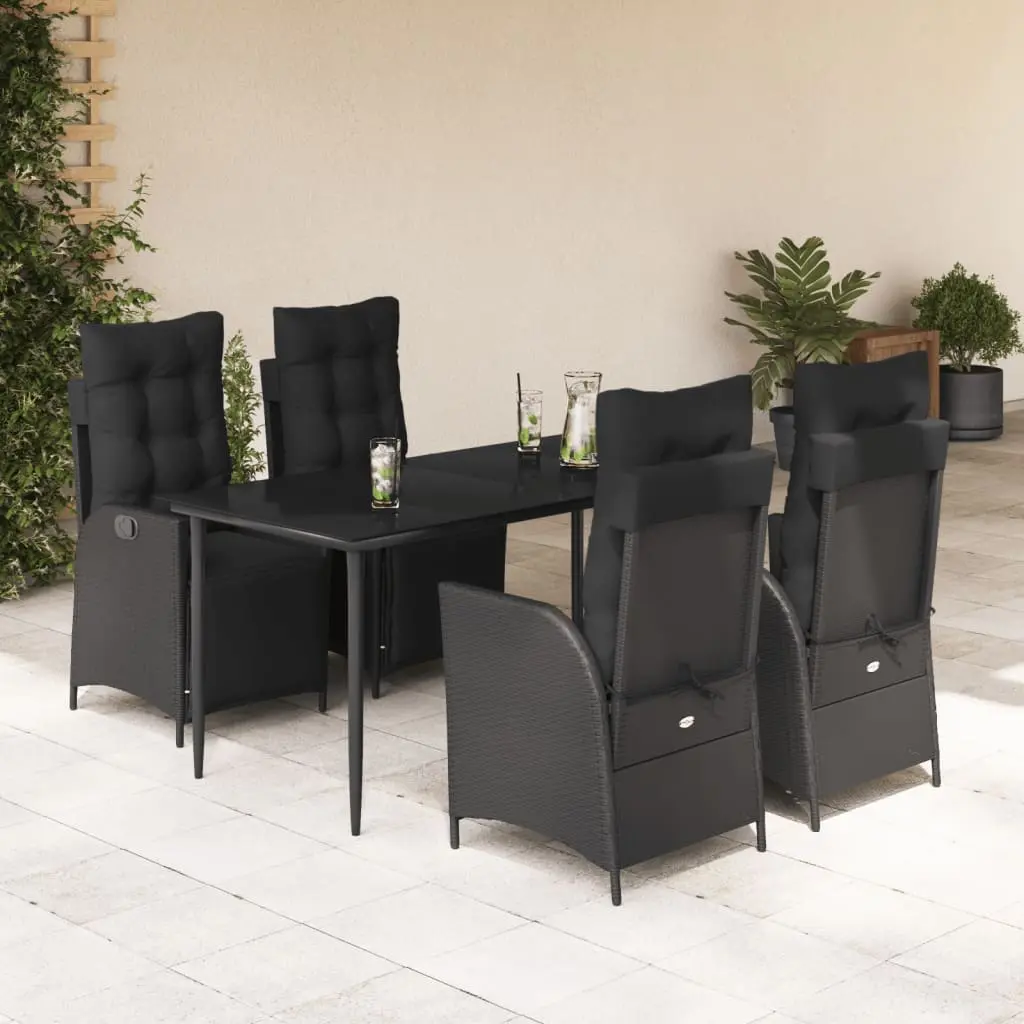 Set da Pranzo da Giardino 5 pz Nero con Cuscini in Polyrattan