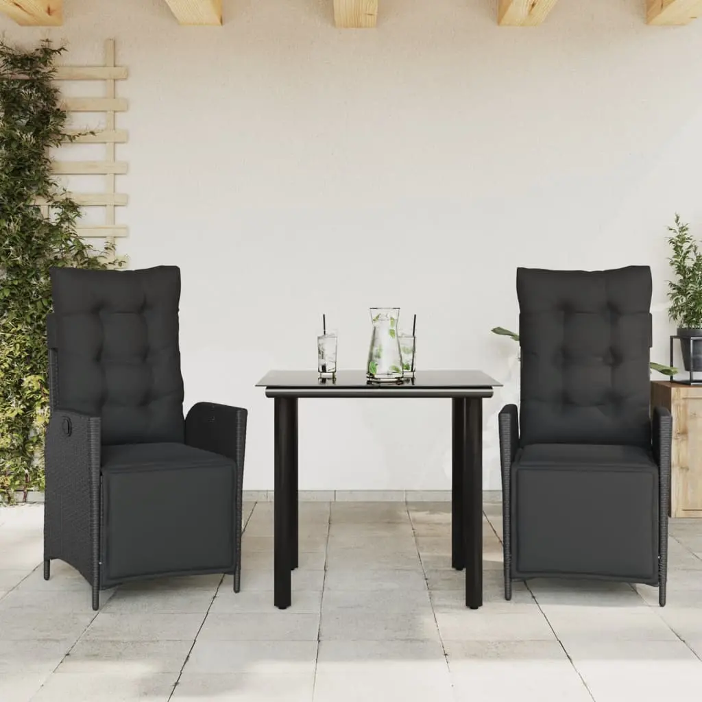 Set da Pranzo da Giardino 3 pz con Cuscini Nero in Polyrattan