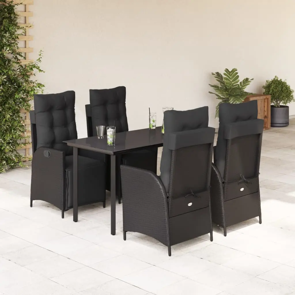 Set da Pranzo da Giardino 5 pz Nero con Cuscini in Polyrattan