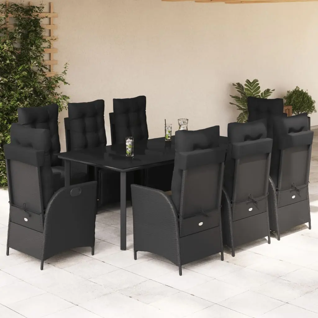 Set da Pranzo da Giardino 9 pz con Cuscini Nero in Polyrattan