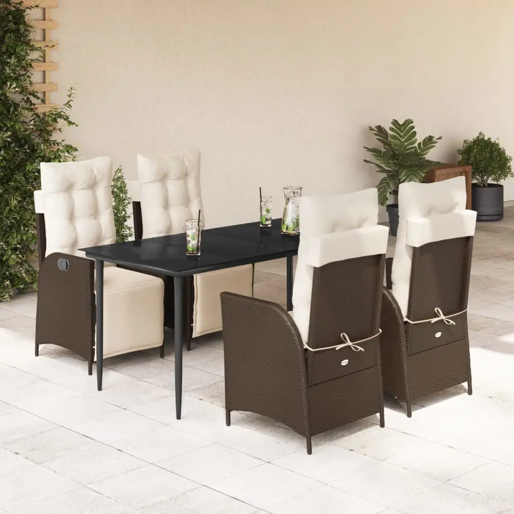 Set da Pranzo da Giardino 5pz con Cuscini in Polyrattan Marrone