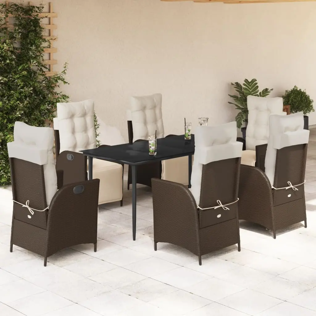 Set da Pranzo da Giardino 7pz con Cuscini in Polyrattan Marrone