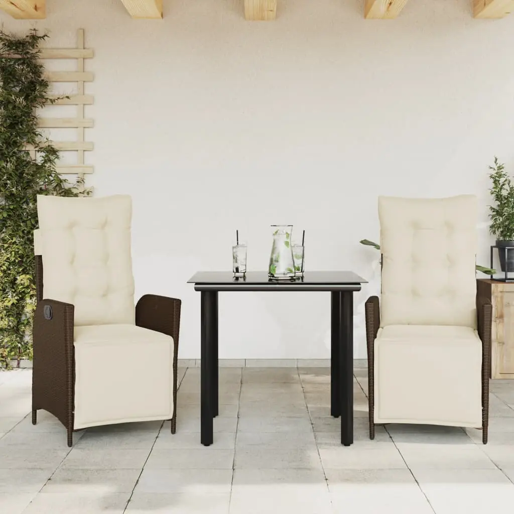 Set da Pranzo da Giardino 3pz con Cuscini in Polyrattan Marrone