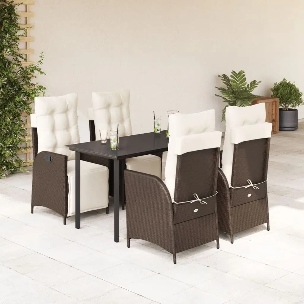 Set da Pranzo da Giardino 5pz con Cuscini in Polyrattan Marrone