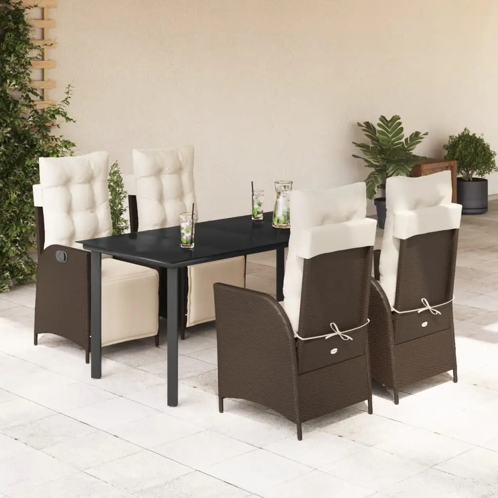 Set da Pranzo da Giardino 5pz con Cuscini in Polyrattan Marrone