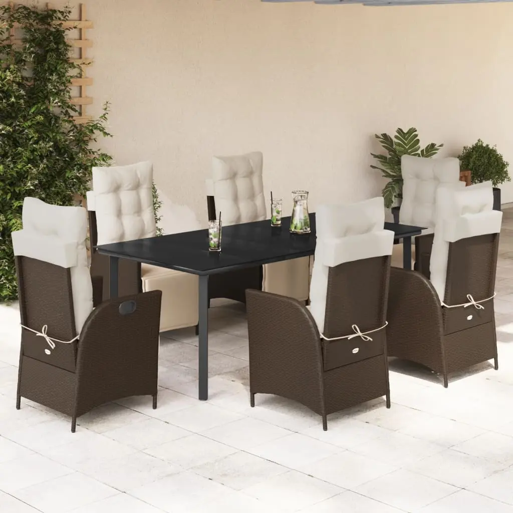 Set da Pranzo da Giardino 7pz con Cuscini in Polyrattan Marrone