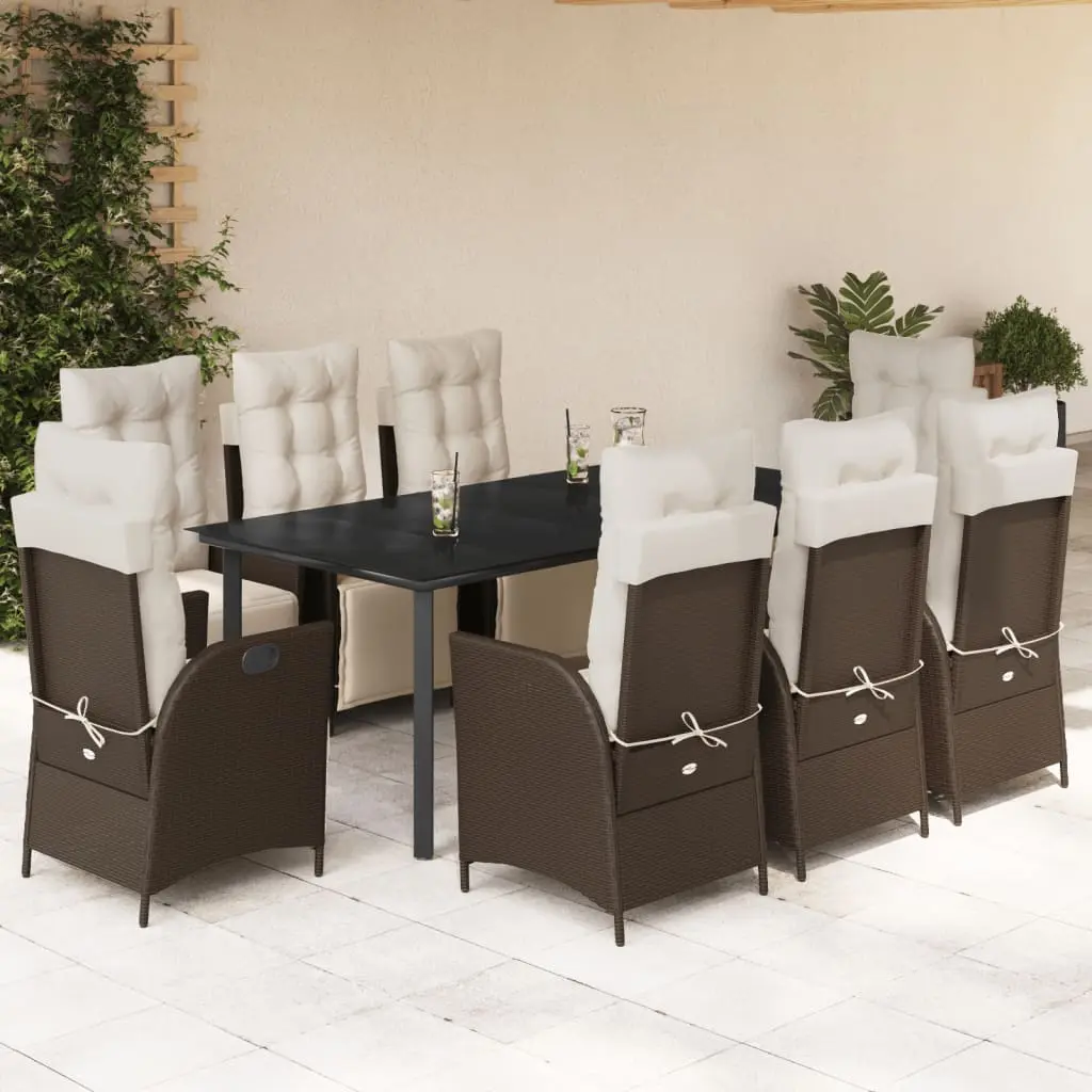 Set da Pranzo da Giardino 9pz con Cuscini Marrone in Polyrattan