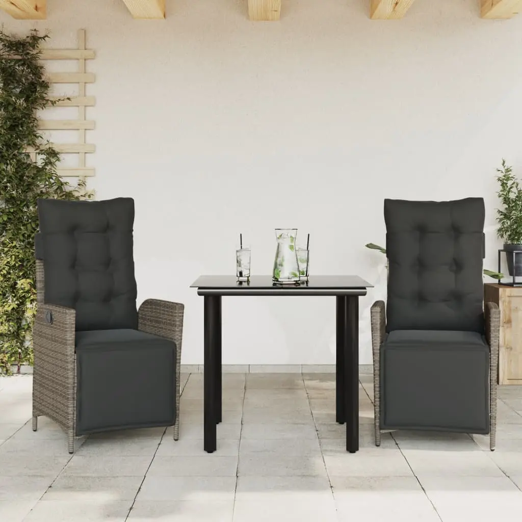 Set da Pranzo da Giardino 3 pz con Cuscini in Polyrattan Grigio