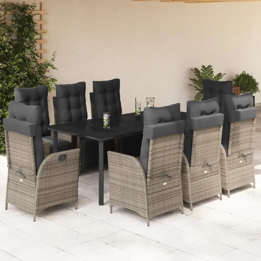 Set da Pranzo da Giardino 9 pz con Cuscini in Polyrattan Grigio