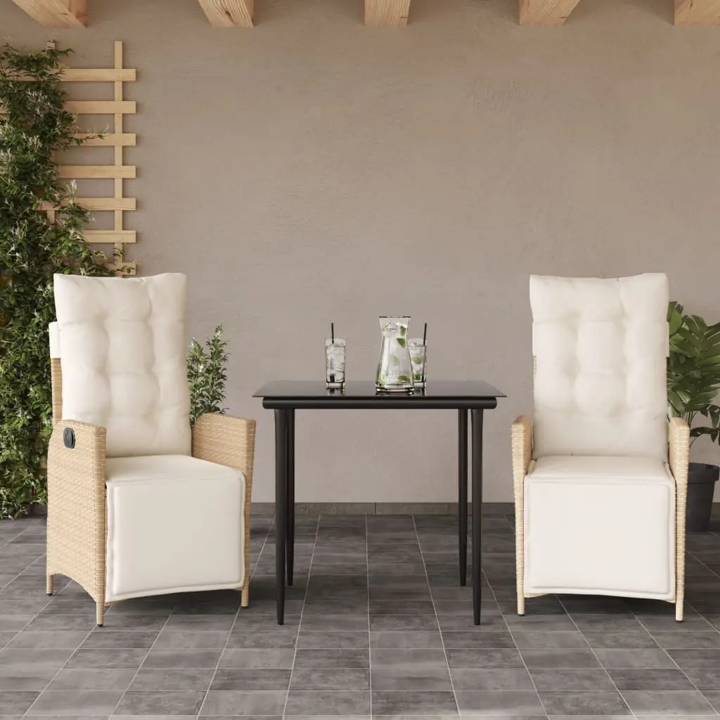 Set da Pranzo da Giardino 3 pz con Cuscini Beige in Polyrattan