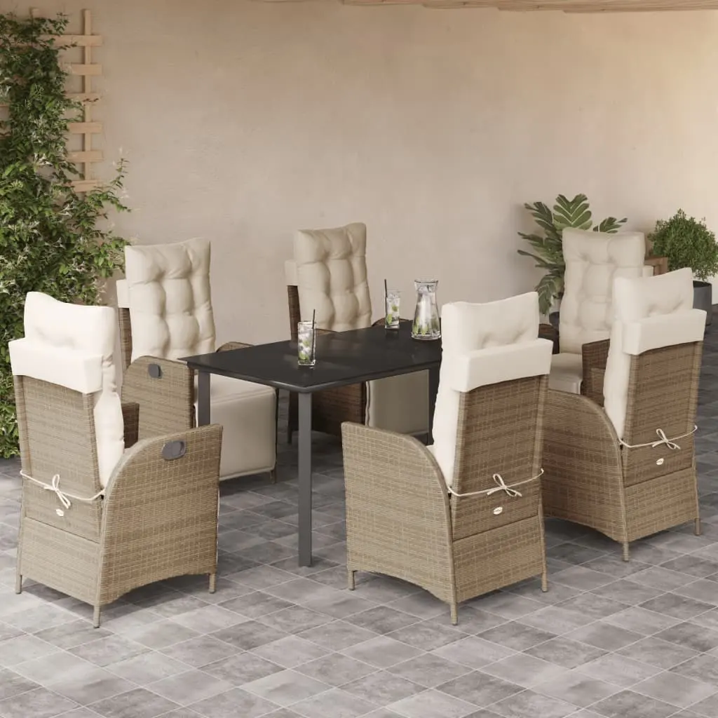 Set da Pranzo da Giardino 7 pz con Cuscini Beige in Polyrattan