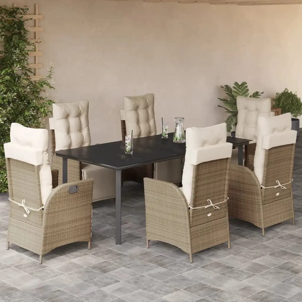 Set da Pranzo da Giardino 7 pz con Cuscini Beige in Polyrattan