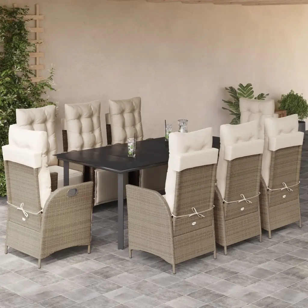 Set da Pranzo da Giardino 9 pz con Cuscini Beige in Polyrattan