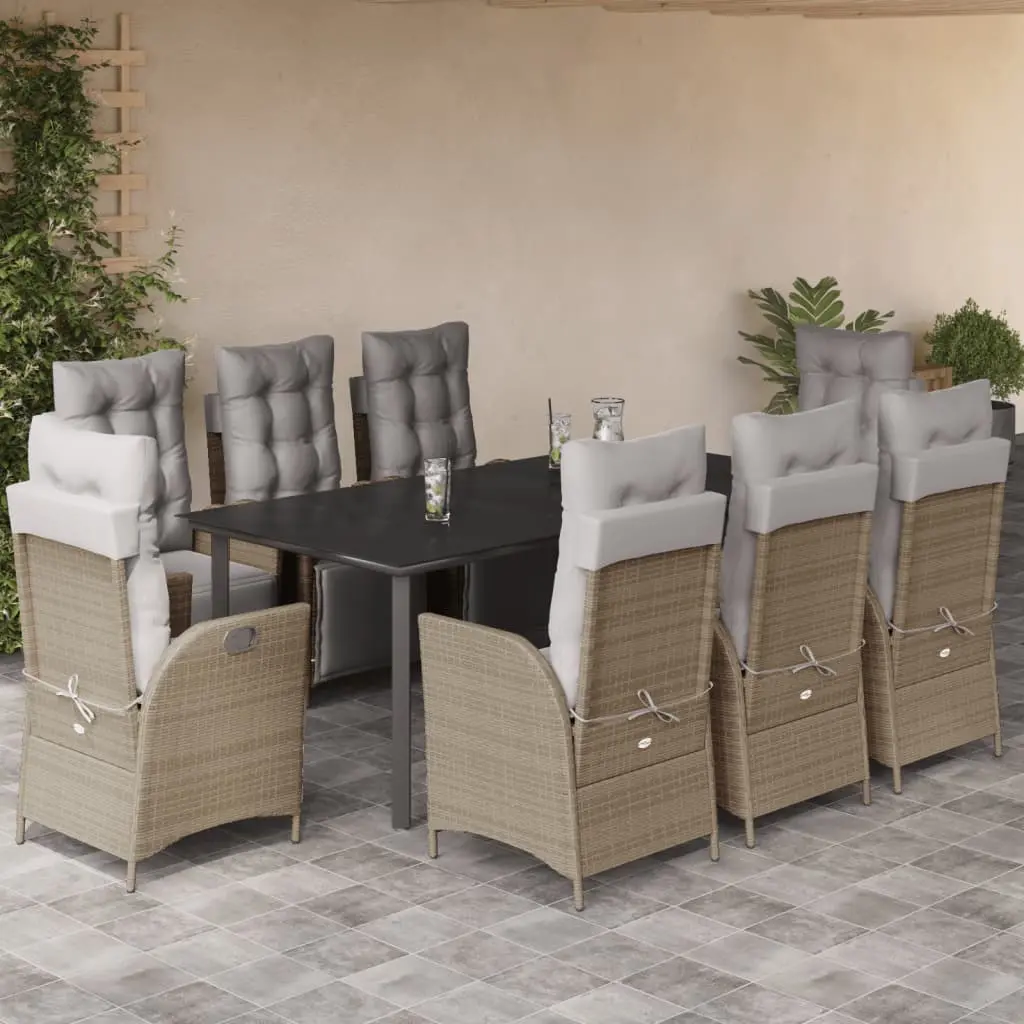 Set Pranzo da Giardino 9 pz con Cuscini Beige Misto Polyrattan