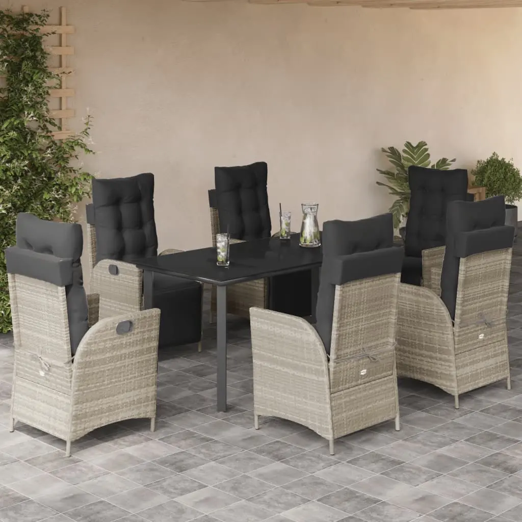 Set da Pranzo da Giardino 7 pz Cuscini Polyrattan Grigio Chiaro