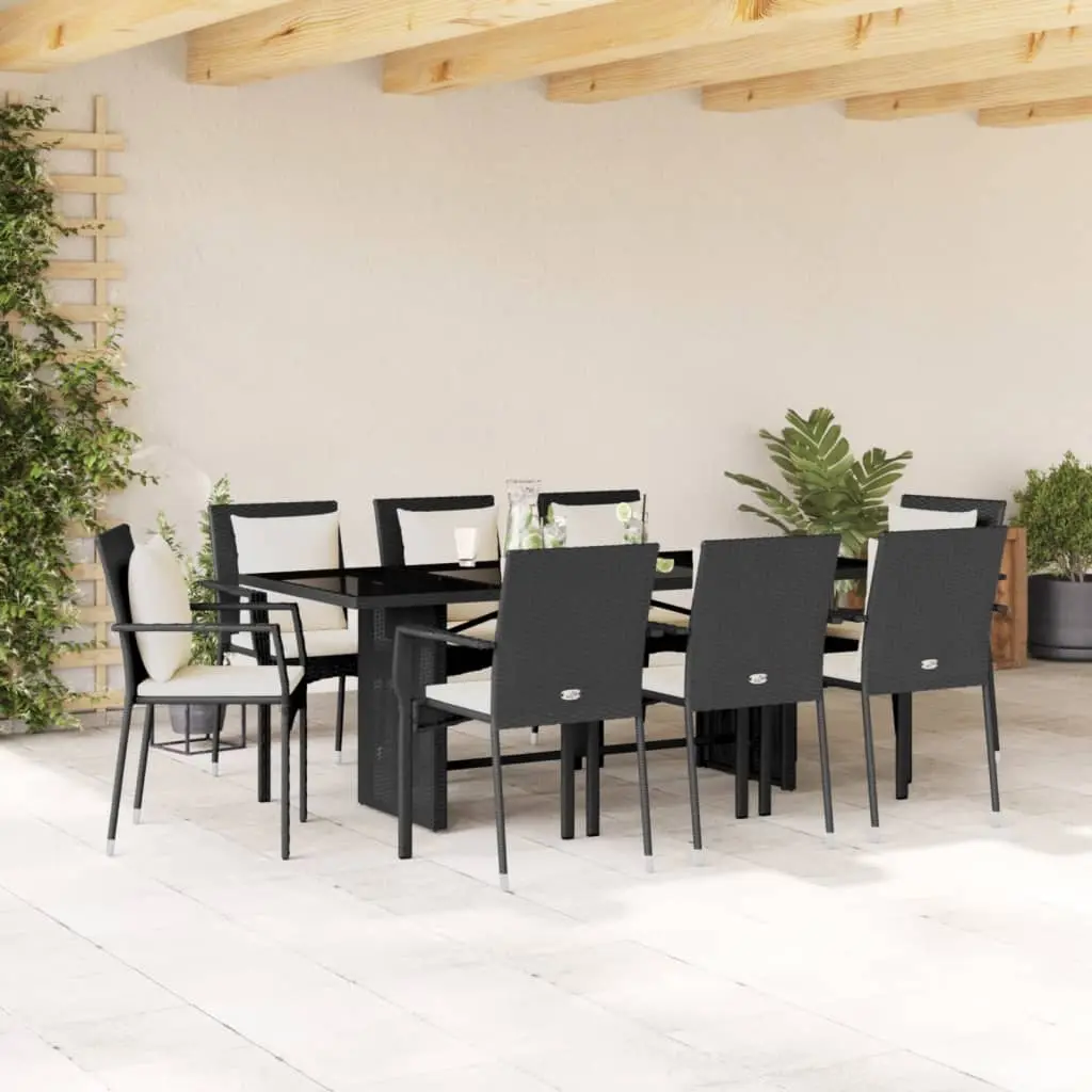 Set da Pranzo da Giardino 9 pz con Cuscini Nero in Polyrattan