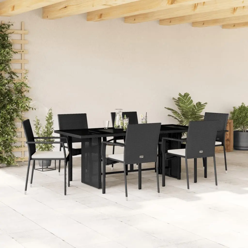 Set da Pranzo da Giardino 7 pz Nero con Cuscini in Polyrattan