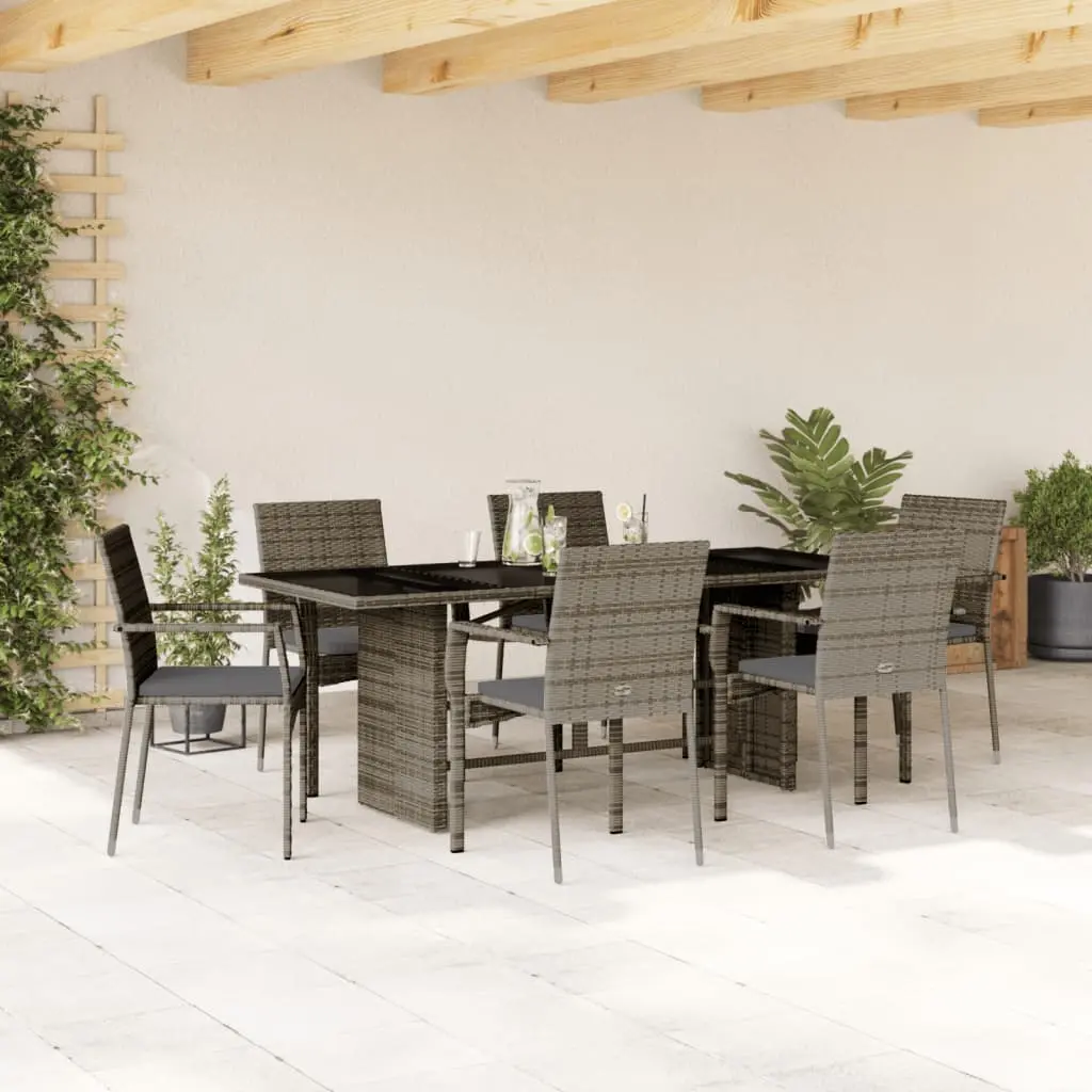 Set da Pranzo da Giardino 7 pz con Cuscini in Polyrattan Grigio