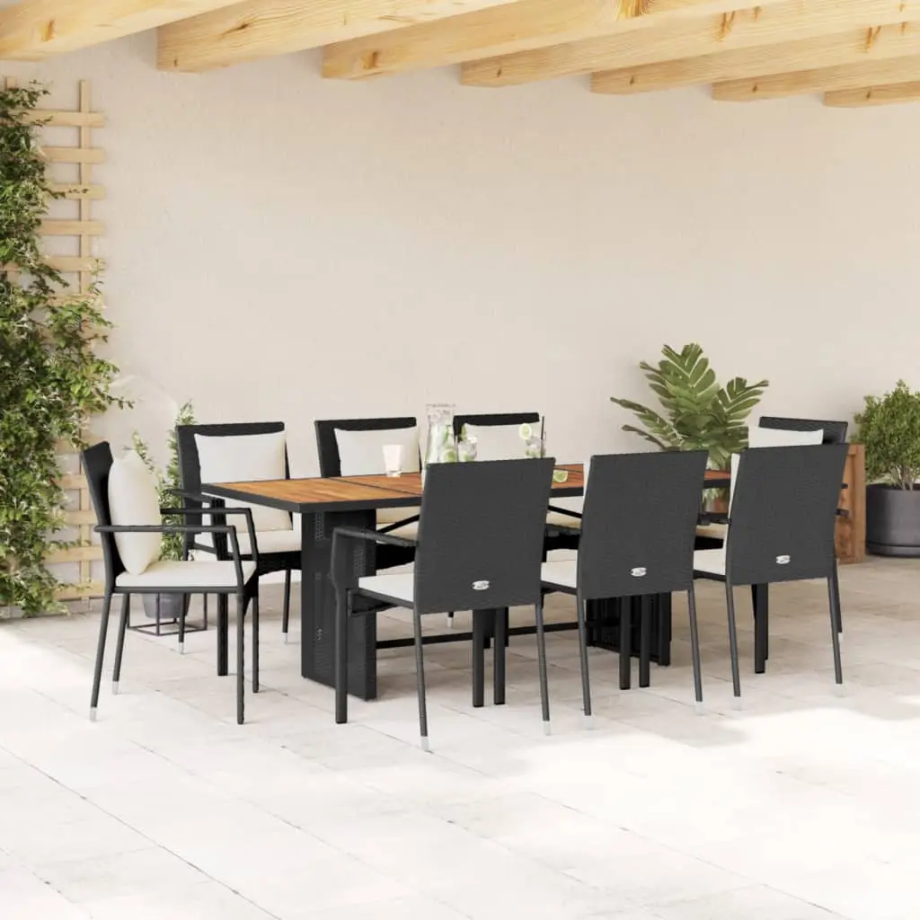 Set da Pranzo da Giardino 9 pz con Cuscini Nero in Polyrattan