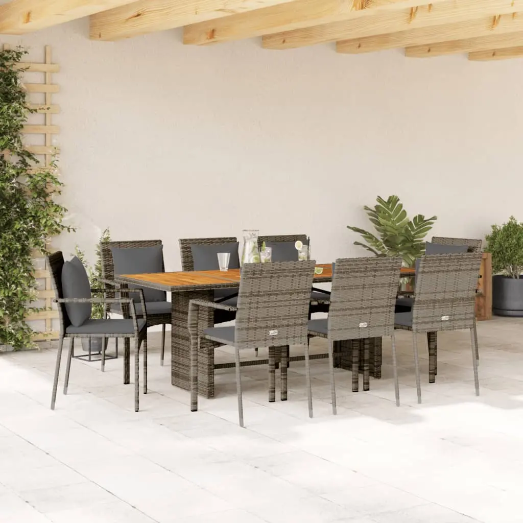 Set da Pranzo da Giardino 9 pz con Cuscini in Polyrattan Grigio