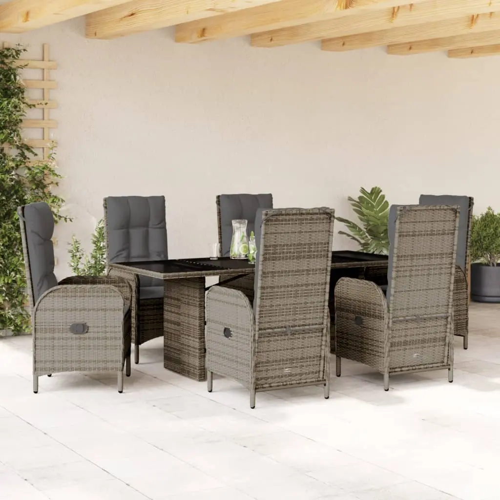 Set da Pranzo da Giardino 7 pz con Cuscini in Polyrattan Grigio