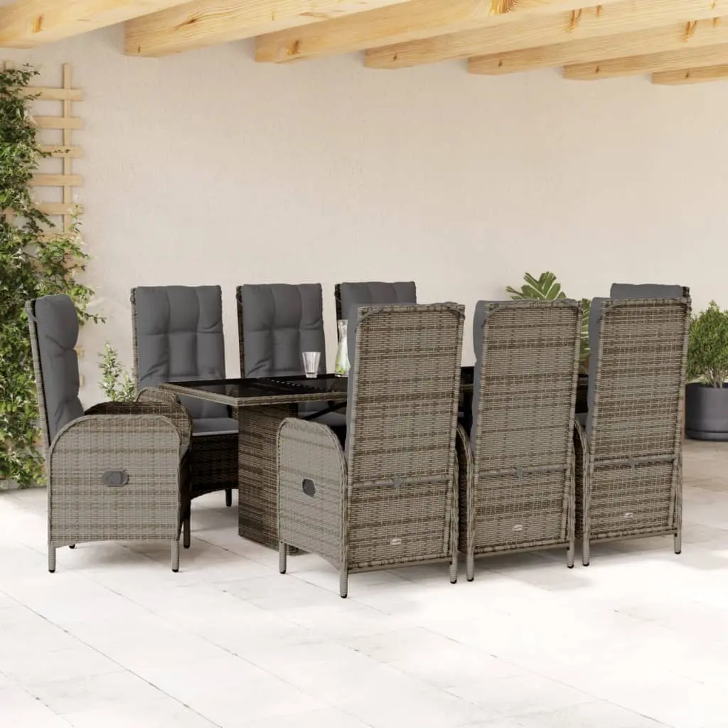 Set da Pranzo da Giardino 9 pz con Cuscini in Polyrattan Grigio