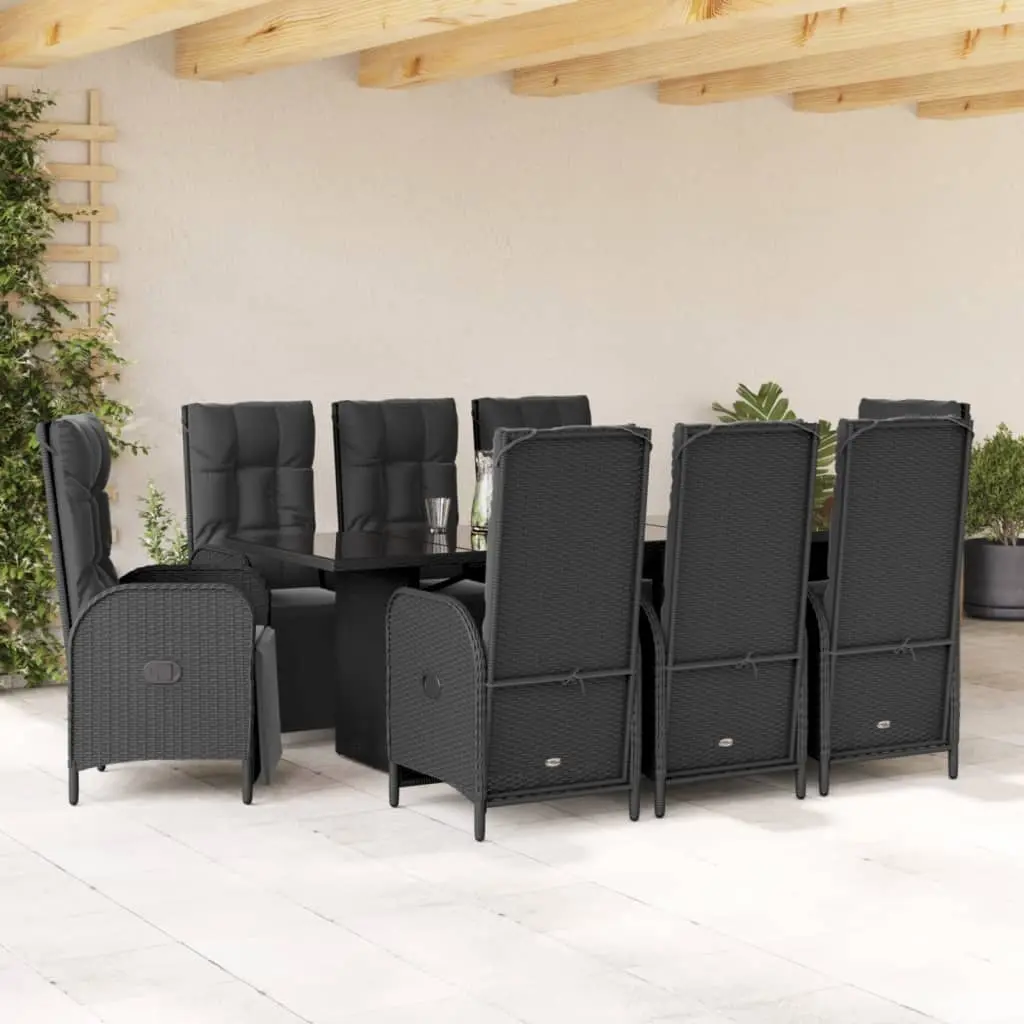 Set da Pranzo da Giardino 9 pz con Cuscini Nero in Polyrattan