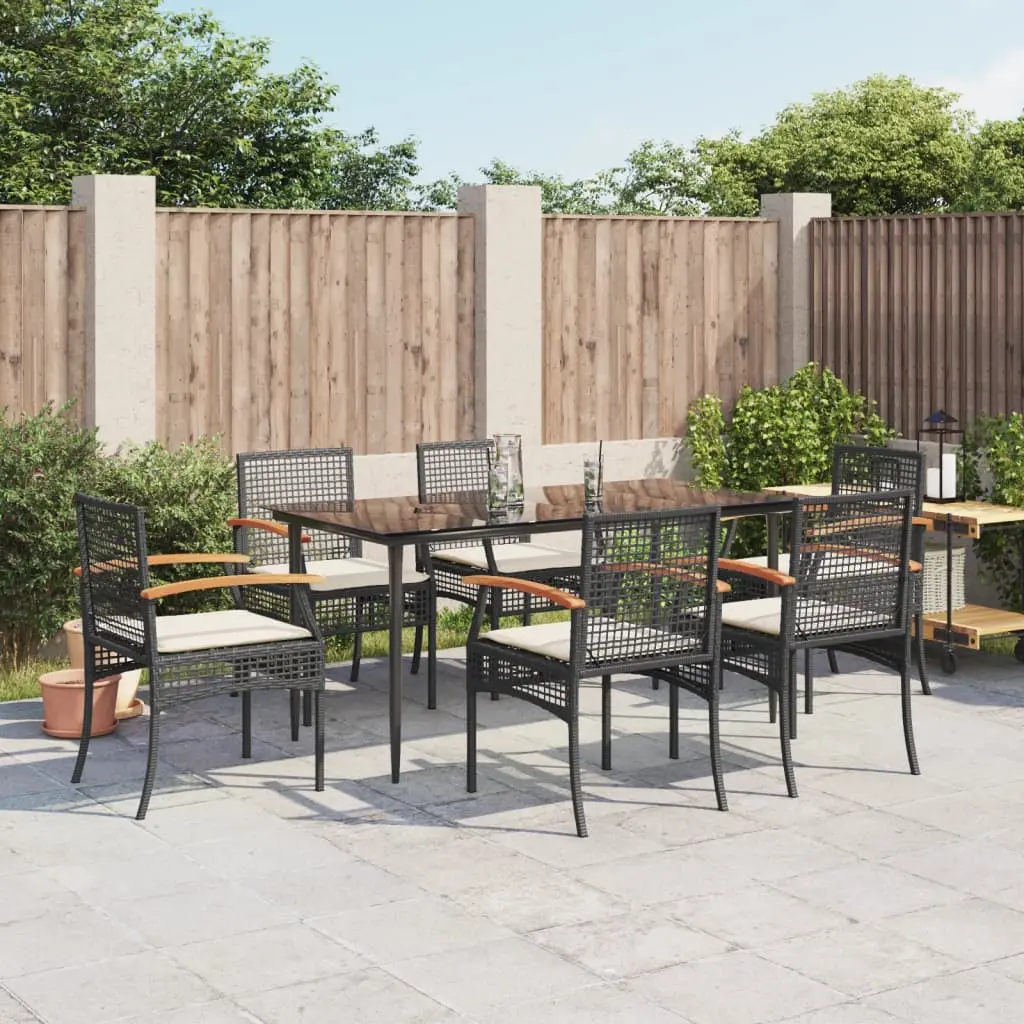 Set da Pranzo da Giardino 7 pz Nero con Cuscini in Polyrattan