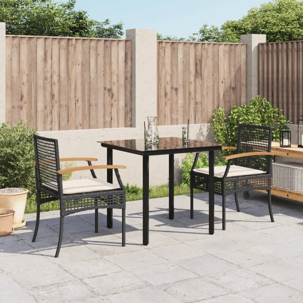 Set da Pranzo da Giardino 3 pz con Cuscini Nero in Polyrattan