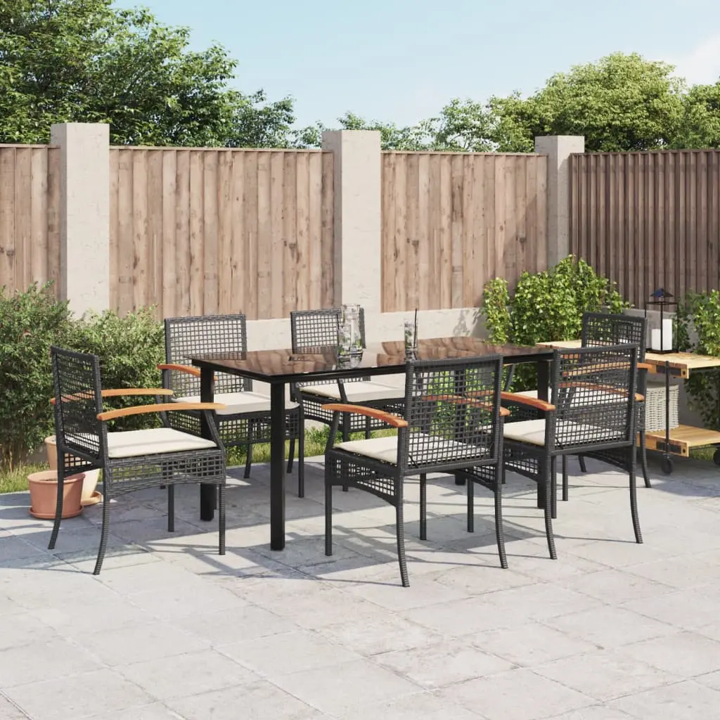 Set da Pranzo da Giardino 7 pz Nero con Cuscini in Polyrattan