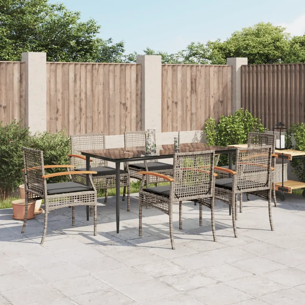 Set da Pranzo da Giardino 7 pz con Cuscini in Polyrattan Grigio