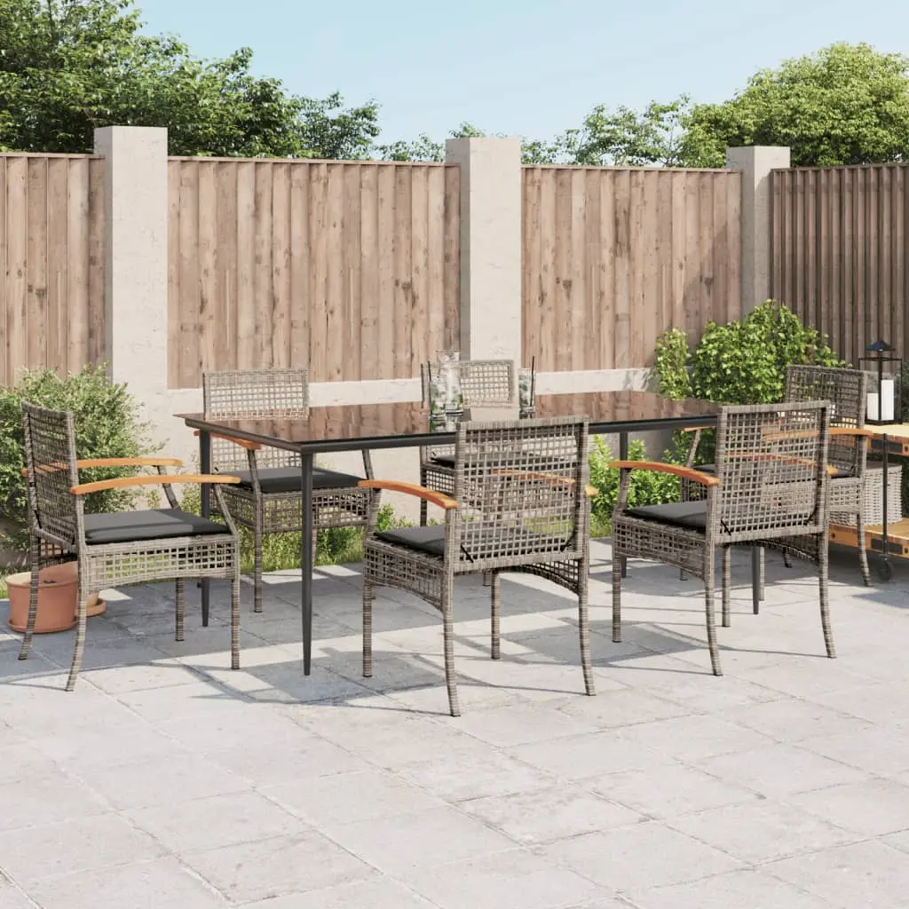 Set da Pranzo da Giardino 7 pz con Cuscini in Polyrattan Grigio