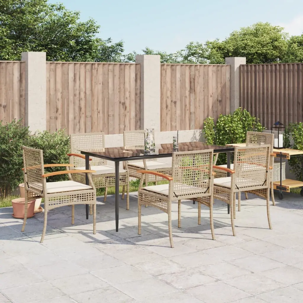 Set da Pranzo da Giardino 7 pz con Cuscini Beige in Polyrattan