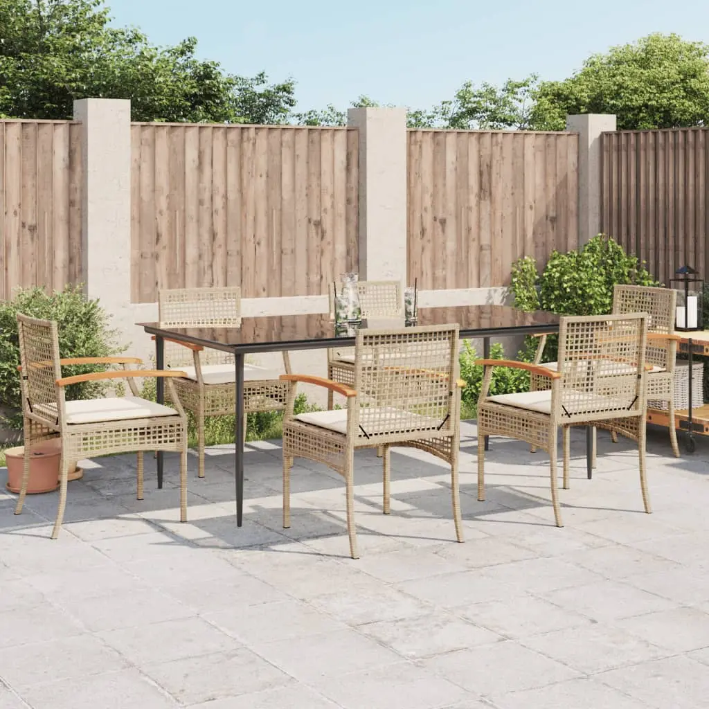 Set da Pranzo da Giardino 7 pz con Cuscini Beige in Polyrattan