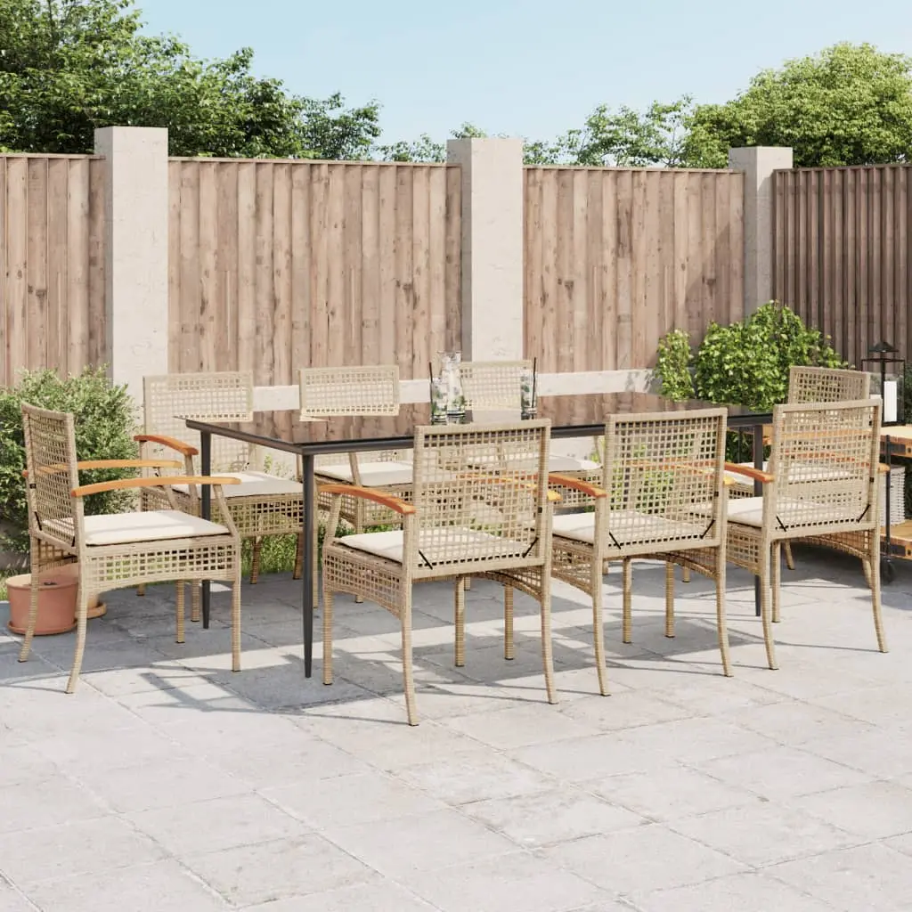 Set da Pranzo da Giardino 9 pz con Cuscini Beige in Polyrattan