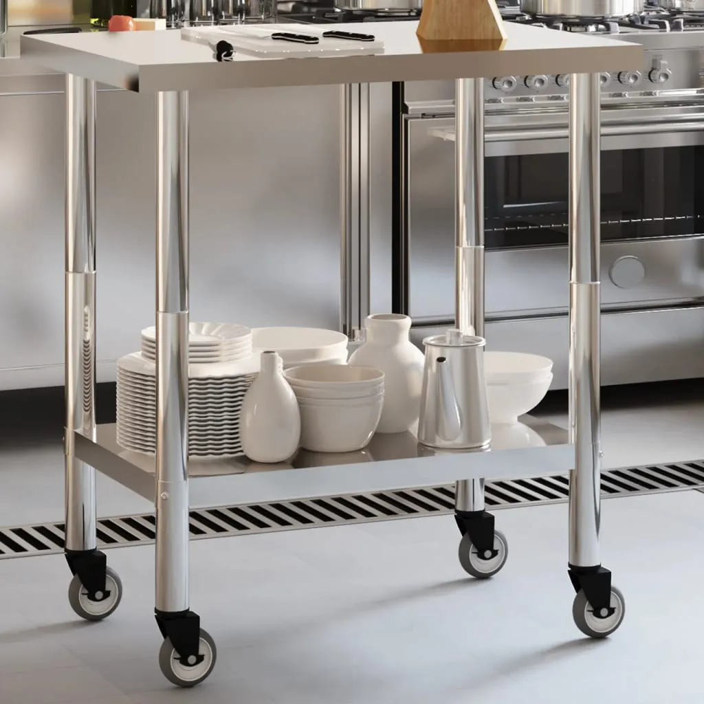 vidaXL Tavolo da Lavoro Cucina con Ruote 82,5x55x85 cm in Acciaio Inox