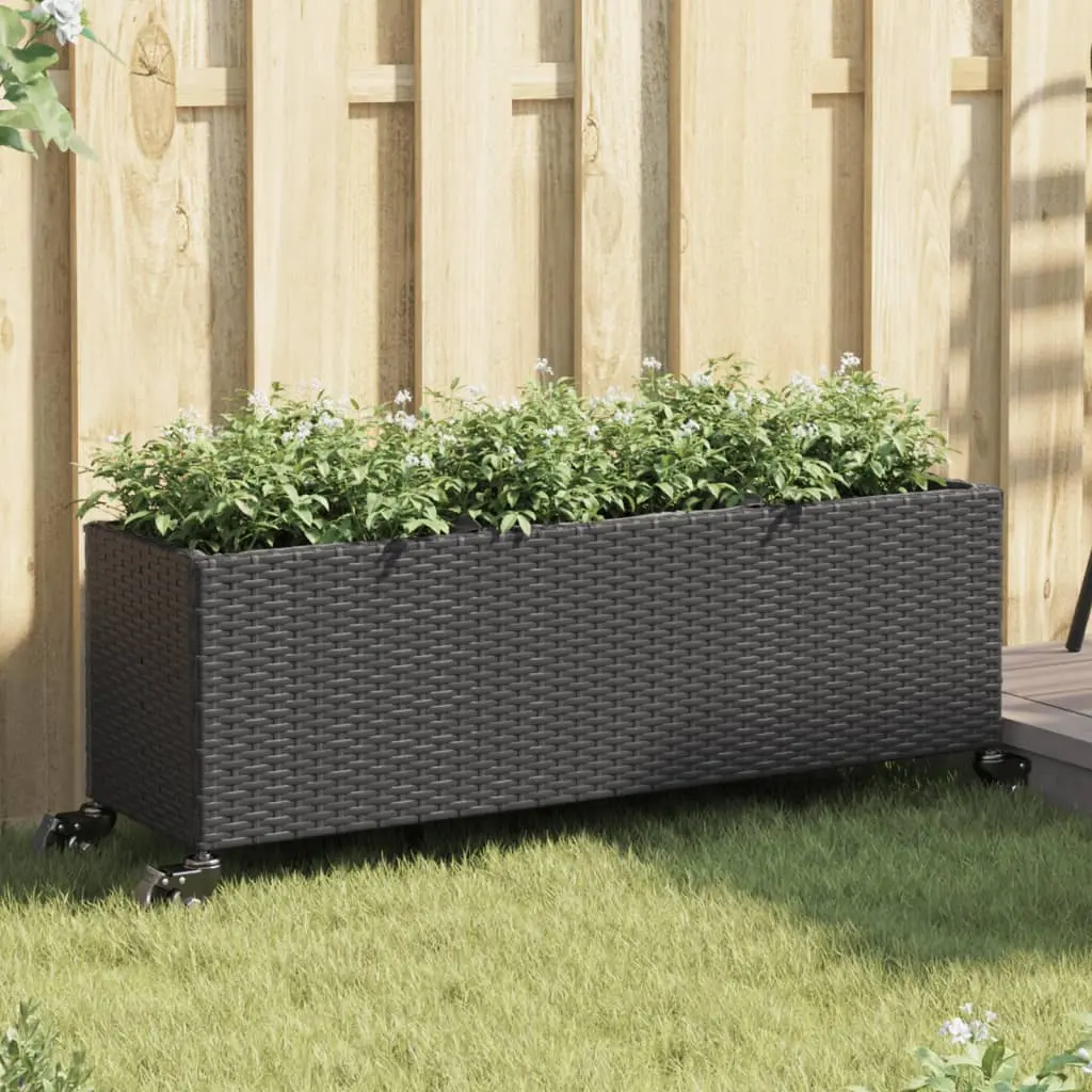 Fioriera con Ruote e 3 Vasi Nera 107x32x38 cm in Polyrattan