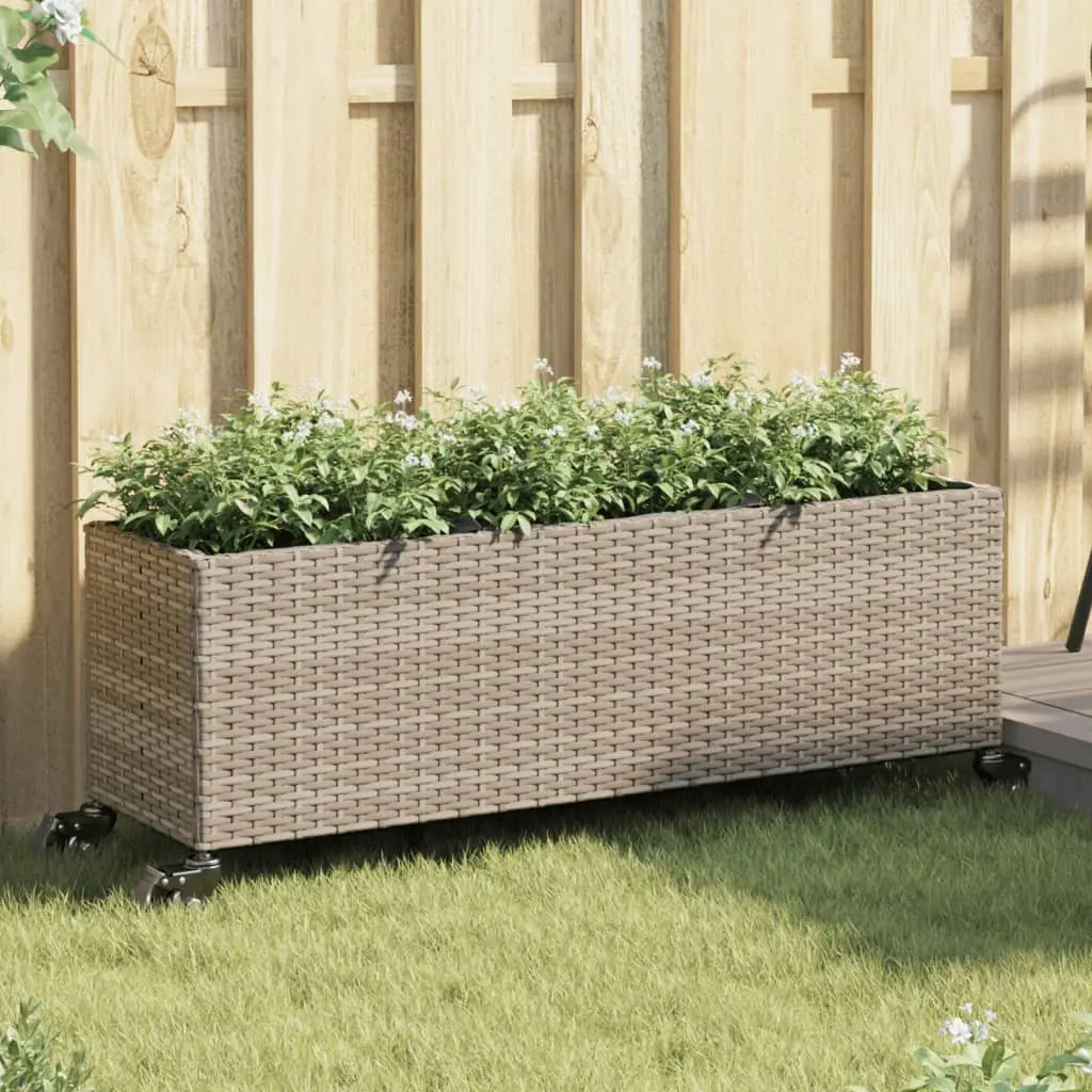 Fioriera con Ruote e 3 Vasi Grigia 107x32x38 cm in Polyrattan