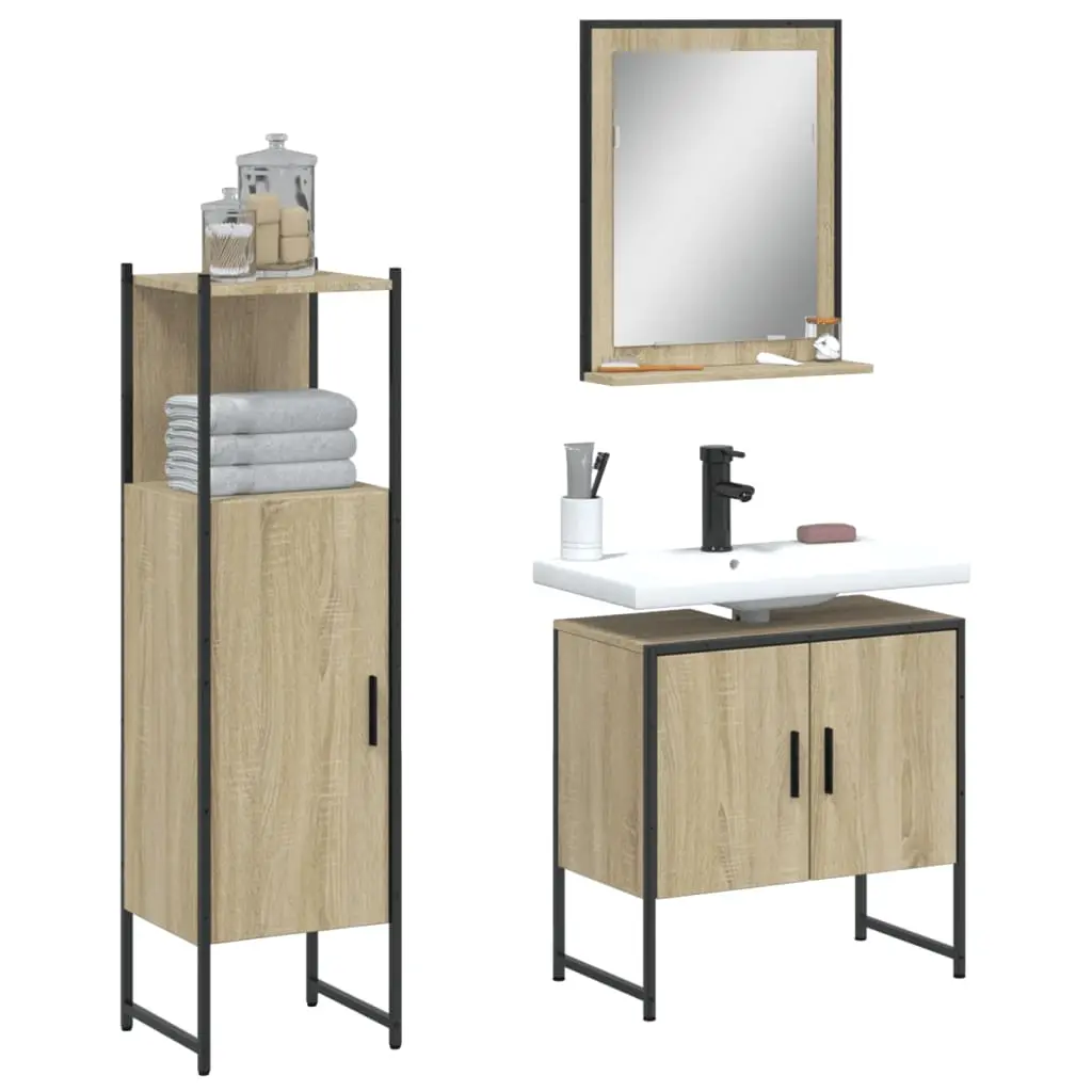 Set di Mobili da Bagno 3 pz Rovere Sonoma in Legno Multistrato