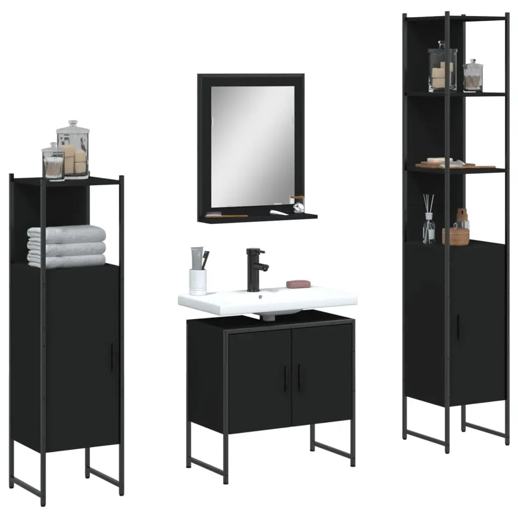 Set Mobili da Bagno 4 pz Nero in Legno Multistrato