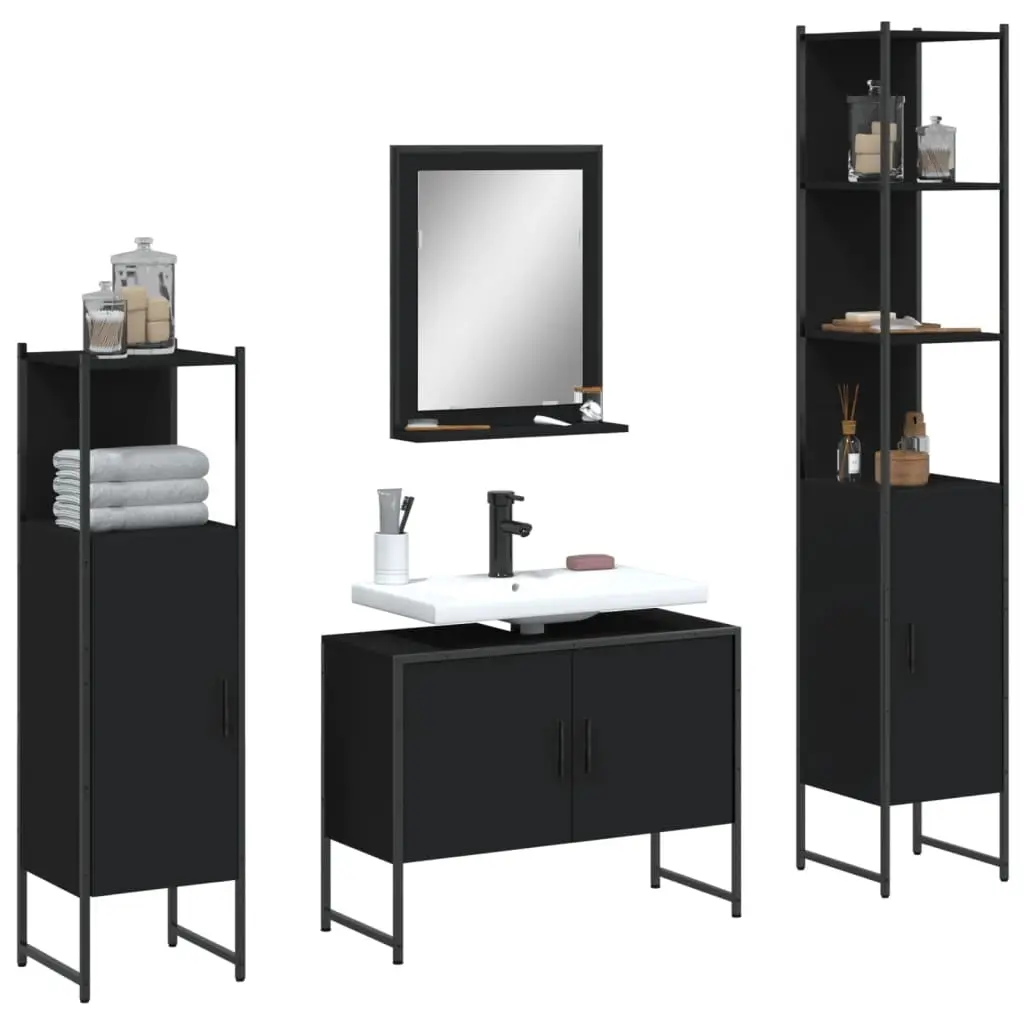 Set Mobili da Bagno 4 pz Nero in Legno Multistrato