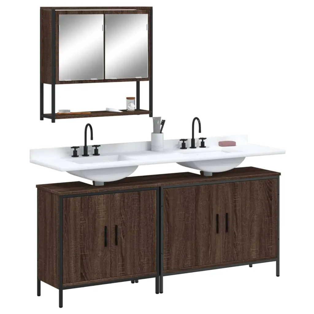 Set Mobili da Bagno 3 pz Rovere Marrone in Legno Multistrato