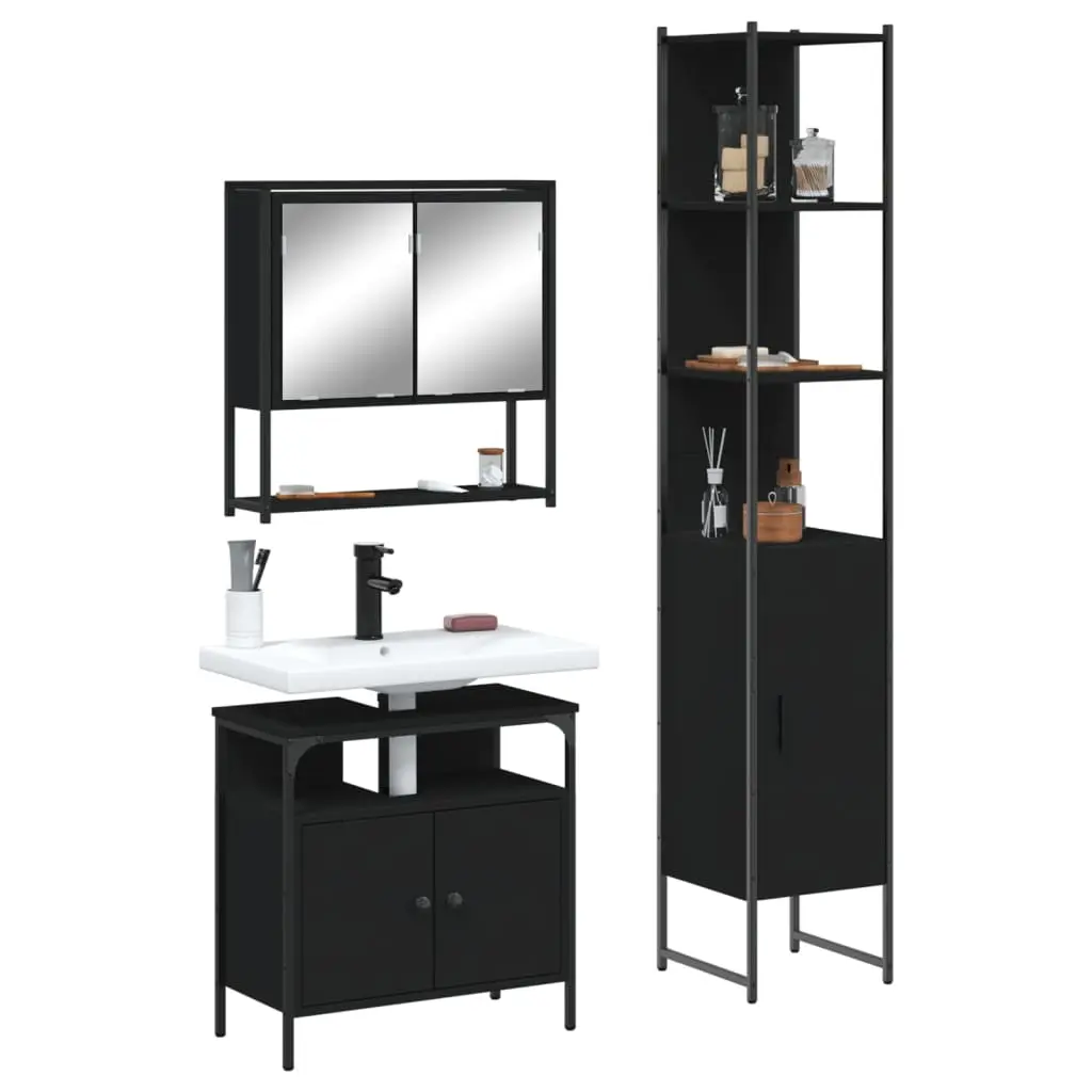 Set Mobili da Bagno 3 pz Nero in Legno Multistrato