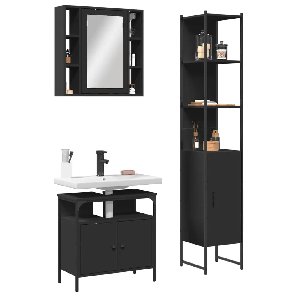 Set di Mobili da Bagno 3 pz Nero in Legno Multistrato